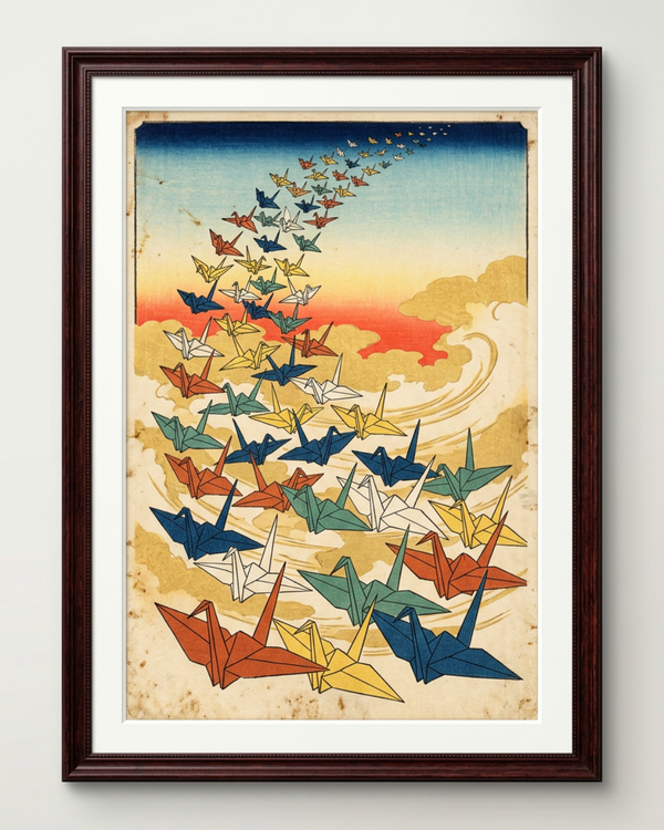 Origami Cranes in the Sky | Japanese Ukiyo-e Art Print on Awa Washi