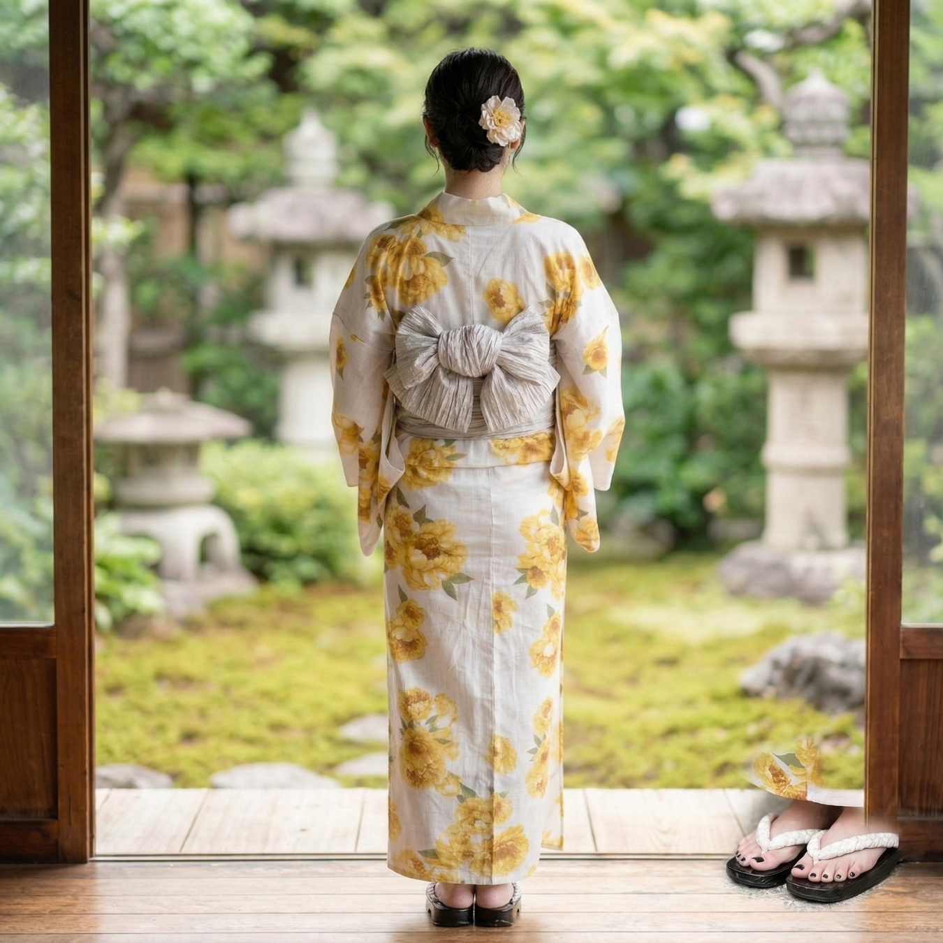 Women’s Yukata Set (2-Piece) – Yellow Floral Yukata with Heko Obi | Lightweight Summer Kimono by SOUBIEN