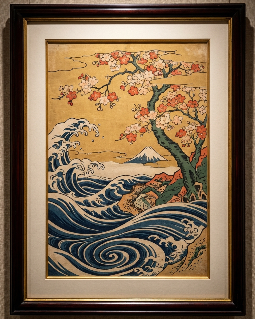 Sakura &amp; Waves | Japanese Ukiyo-e Style Art Print on Awa Washi