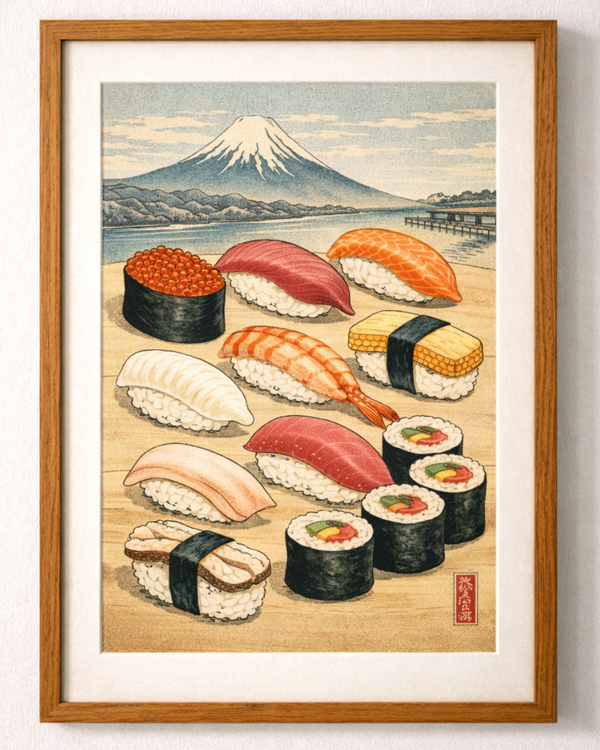 Sushi by Mt. Fuji | Japanese Ukiyo-e Art Print on Awa Washi