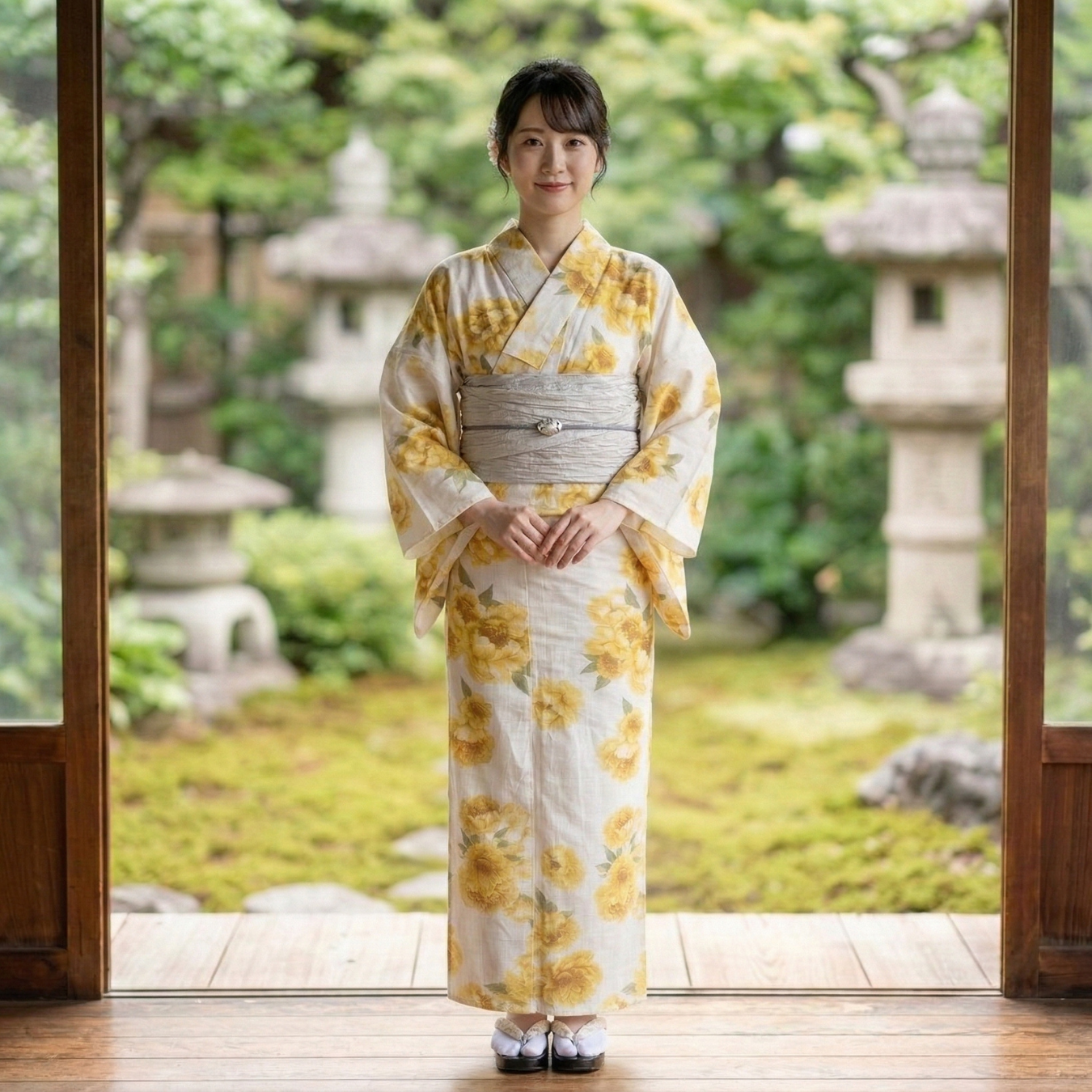 Women’s Yukata Set (2-Piece) – Yellow Floral Yukata with Heko Obi | Lightweight Summer Kimono by SOUBIEN