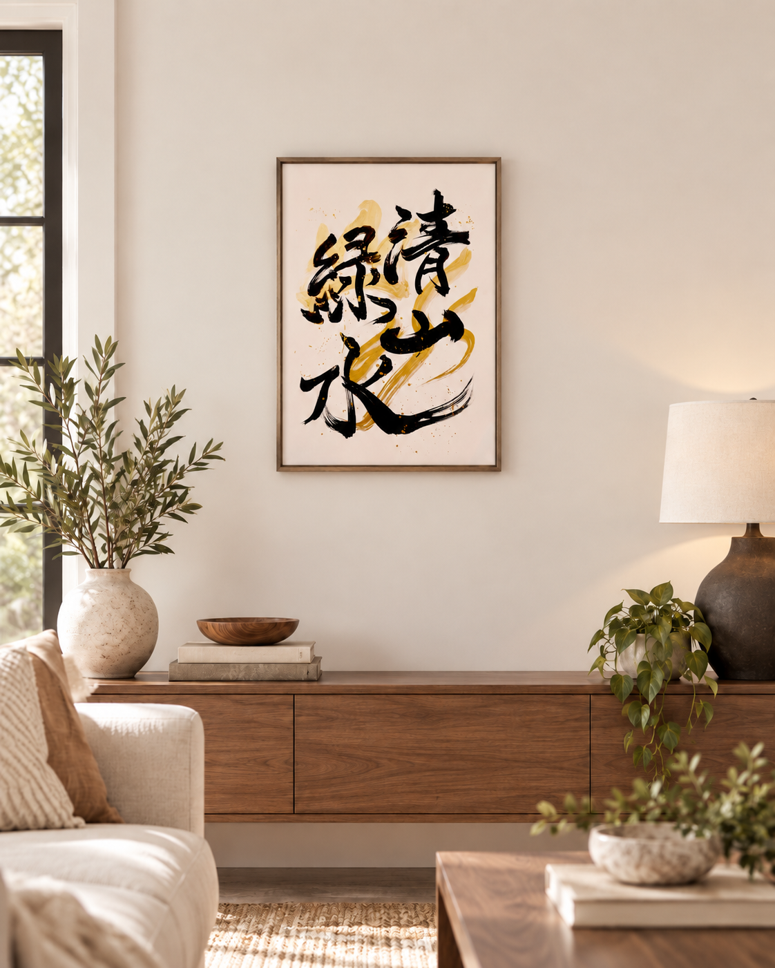 Room styling with 清山緑水 Japanese calligraphy in black and gold-colored brushwork above a wooden cabinet.
