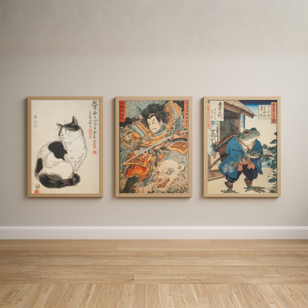 3piece set | Japanese Ukiyo-e Art Print on Awa Washi | Cat, Samurai and Beast, Samurai Frog.