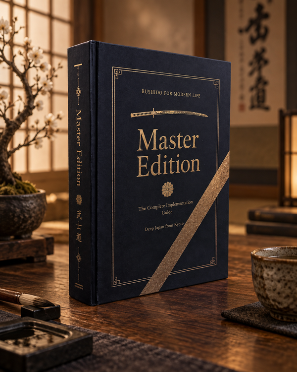 Bushido for Modern Life, Master Edition hardcover with gold lettering and sword motifs on a wooden desk.