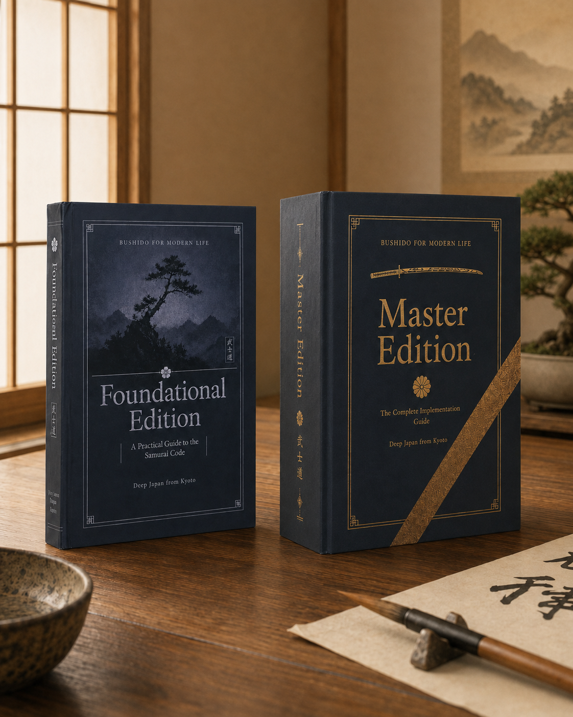 Bushido for Modern Life hardcover bundle with the Foundational and Master Editions on a wooden desk.