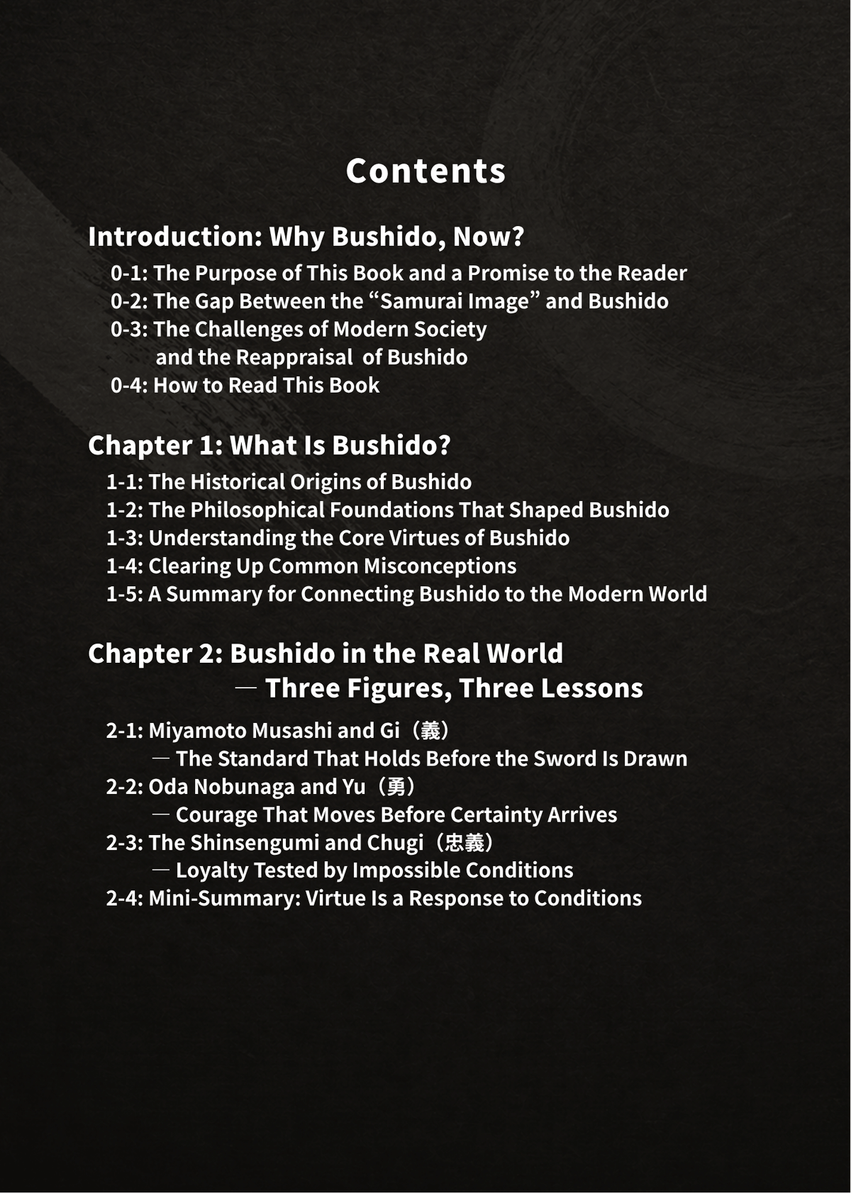 Foundational Edition contents covering Bushido's origins, historical figures, and modern applications.
