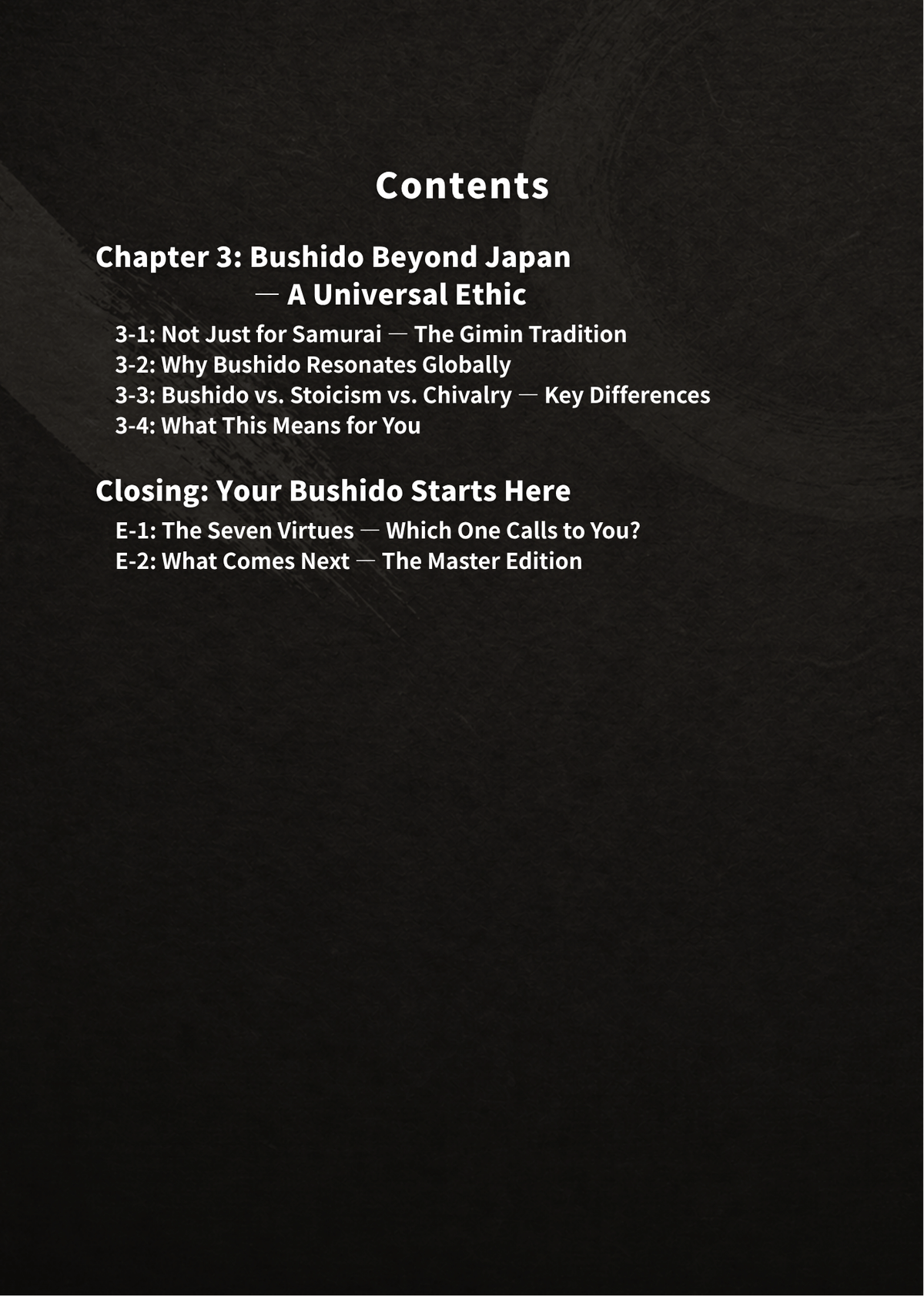 Foundational Edition contents on Bushido beyond Japan, universal ethics, and the seven virtues.
