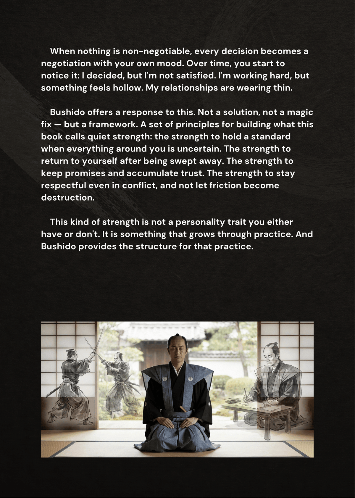 Foundational Edition excerpt on everyday judgment and inner strength, with a seated samurai illustration.