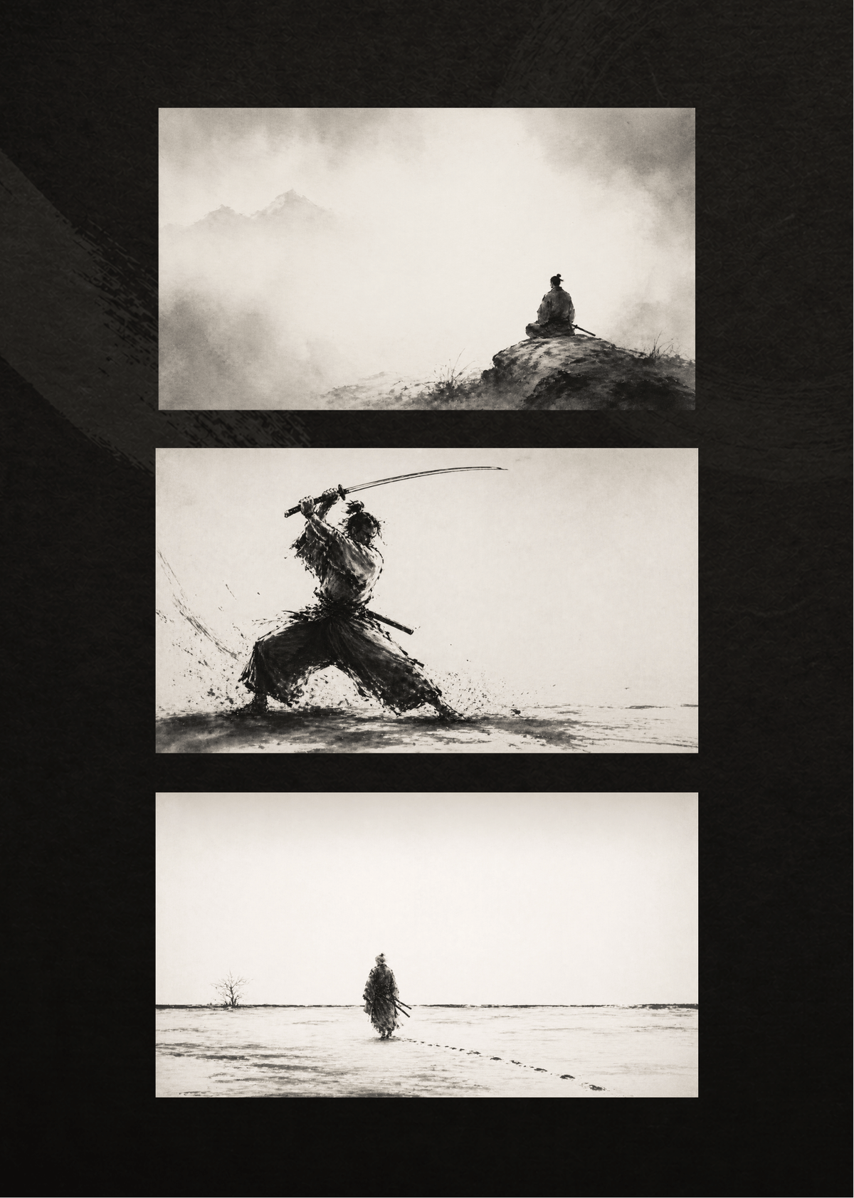 Three samurai illustrations in the Foundational Edition: meditation, sword practice, and a snowy path.