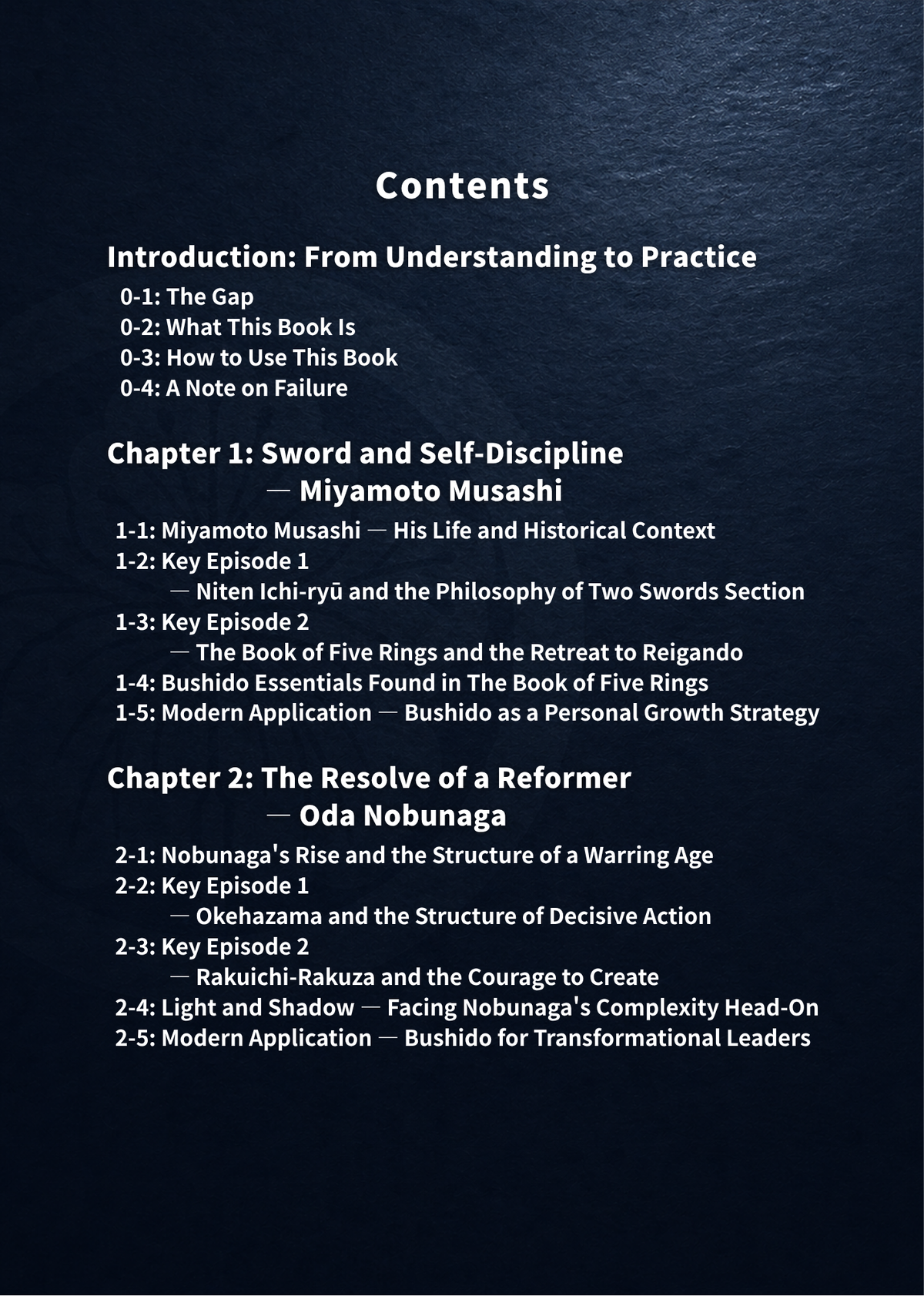 Bushido for Modern Life Master Edition contents on Miyamoto Musashi, self-discipline, Oda Nobunaga, and decisive action.