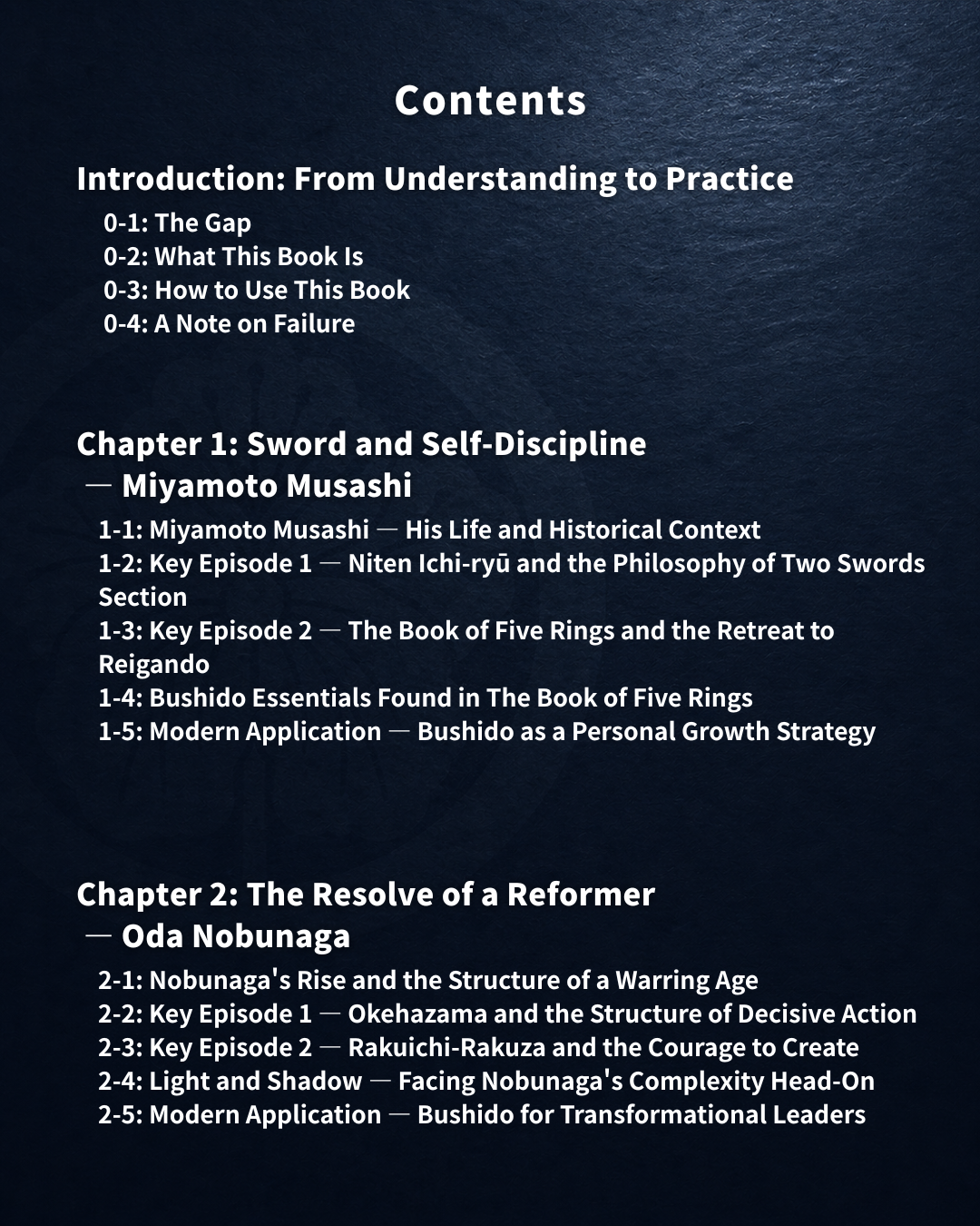 Master Edition contents on Miyamoto Musashi, self-discipline, Oda Nobunaga, and decisive action.