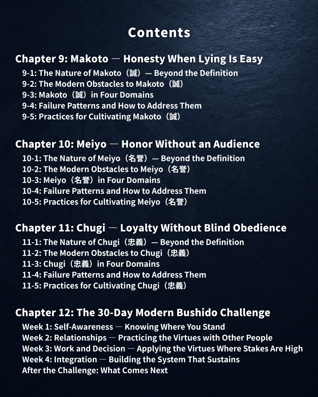 Master Edition contents covering honesty, honor, loyalty, and the 30-day Bushido challenge.