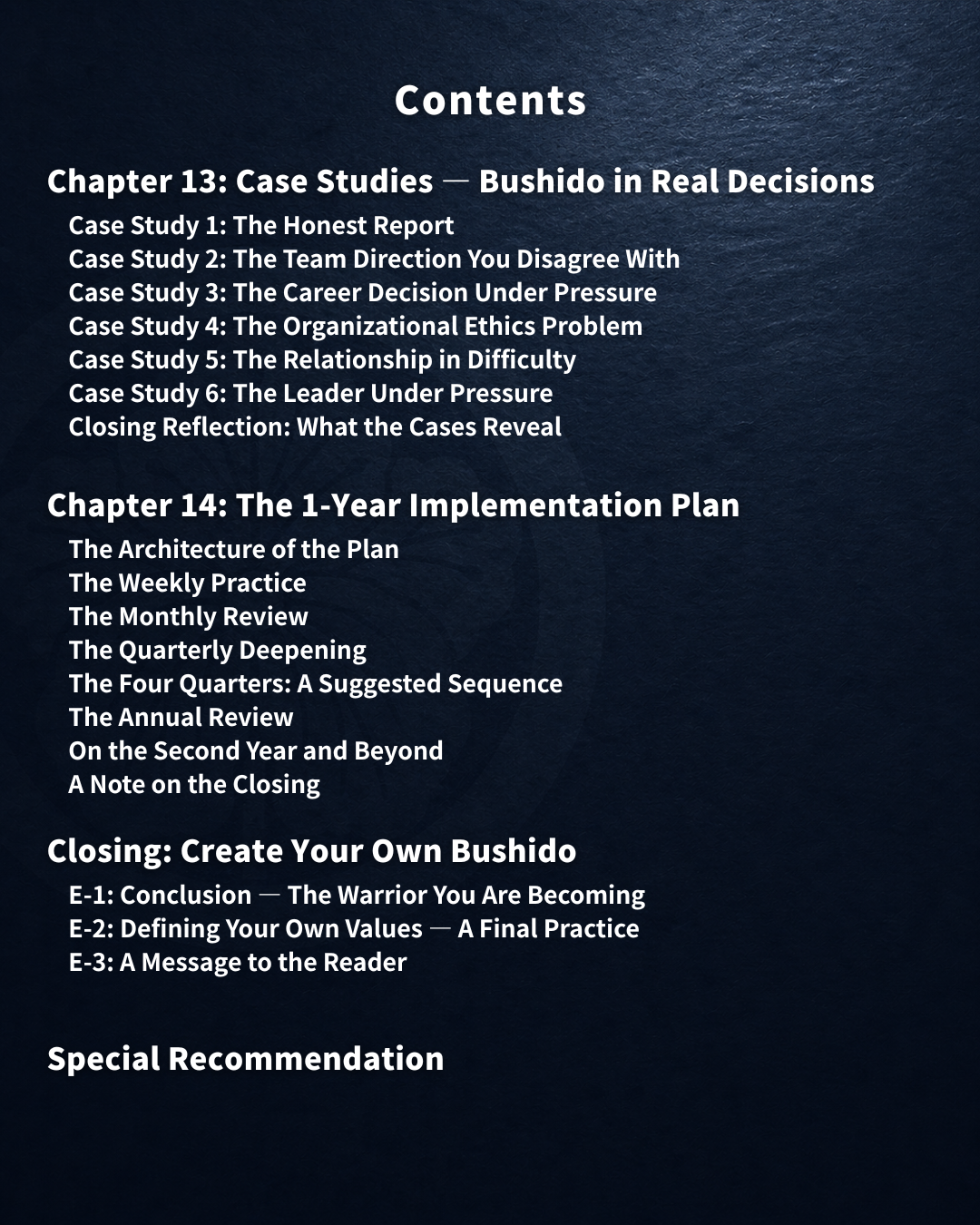 Master Edition contents on case studies, a one-year implementation plan, and creating your own Bushido.