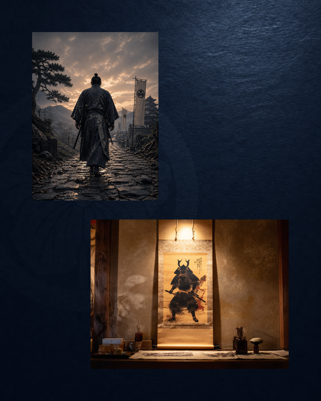 Master Edition illustrations of a samurai walking along a stone path and a warrior scroll in an alcove.