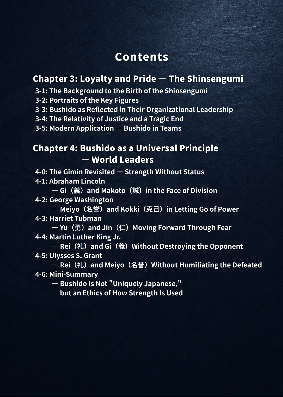 Bushido for Modern Life Master Edition contents on the Shinsengumi, loyalty, and Bushido in the lives of world leaders.