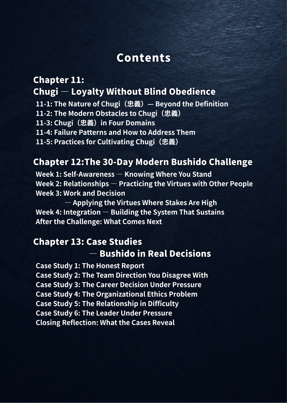 Bushido for Modern Life Master Edition contents on Chugi, a 30-day Bushido challenge, and real-life case studies.