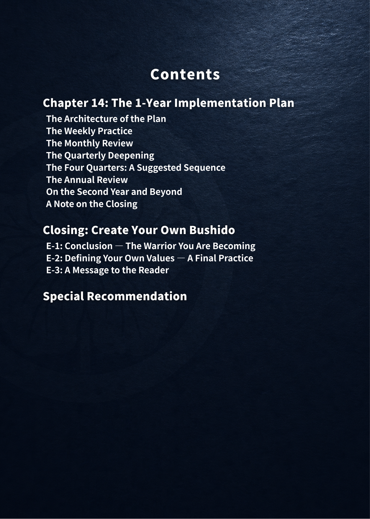 Bushido for Modern Life Master Edition contents outlining a one-year implementation plan and creating your own Bushido practice.