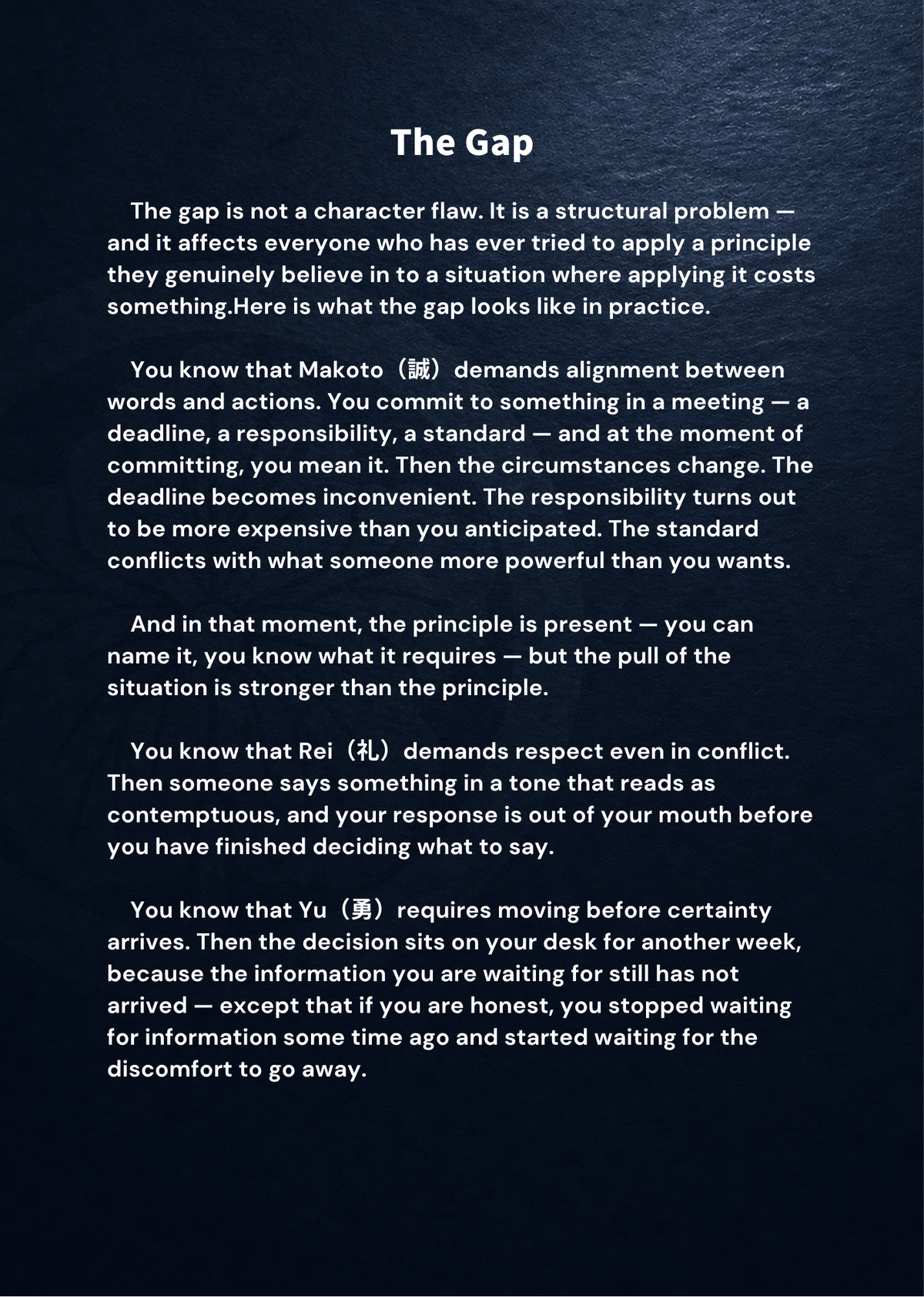 Bushido for Modern Life Master Edition sample page titled The Gap, describing the difficulty of applying principles under pressure.