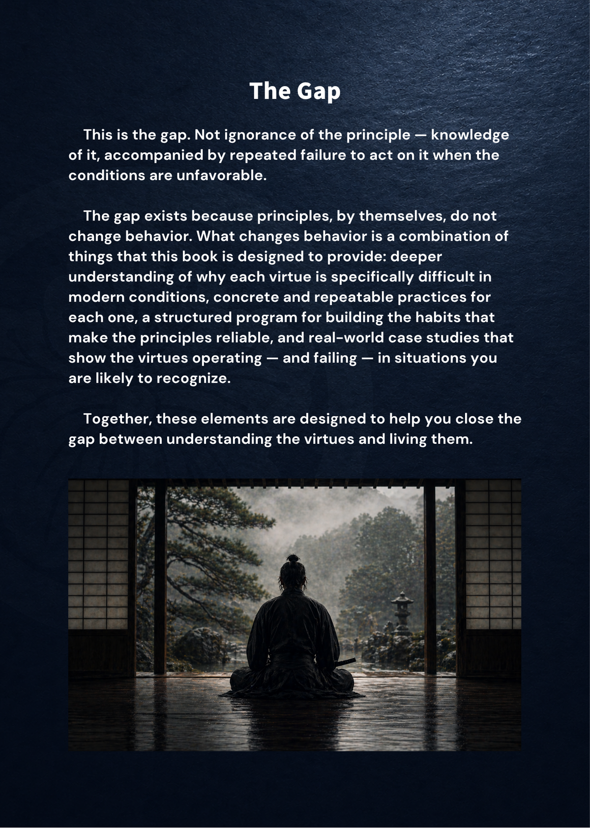 Bushido for Modern Life Master Edition excerpt on applying Bushido in daily life, with an illustration of a samurai facing a garden.