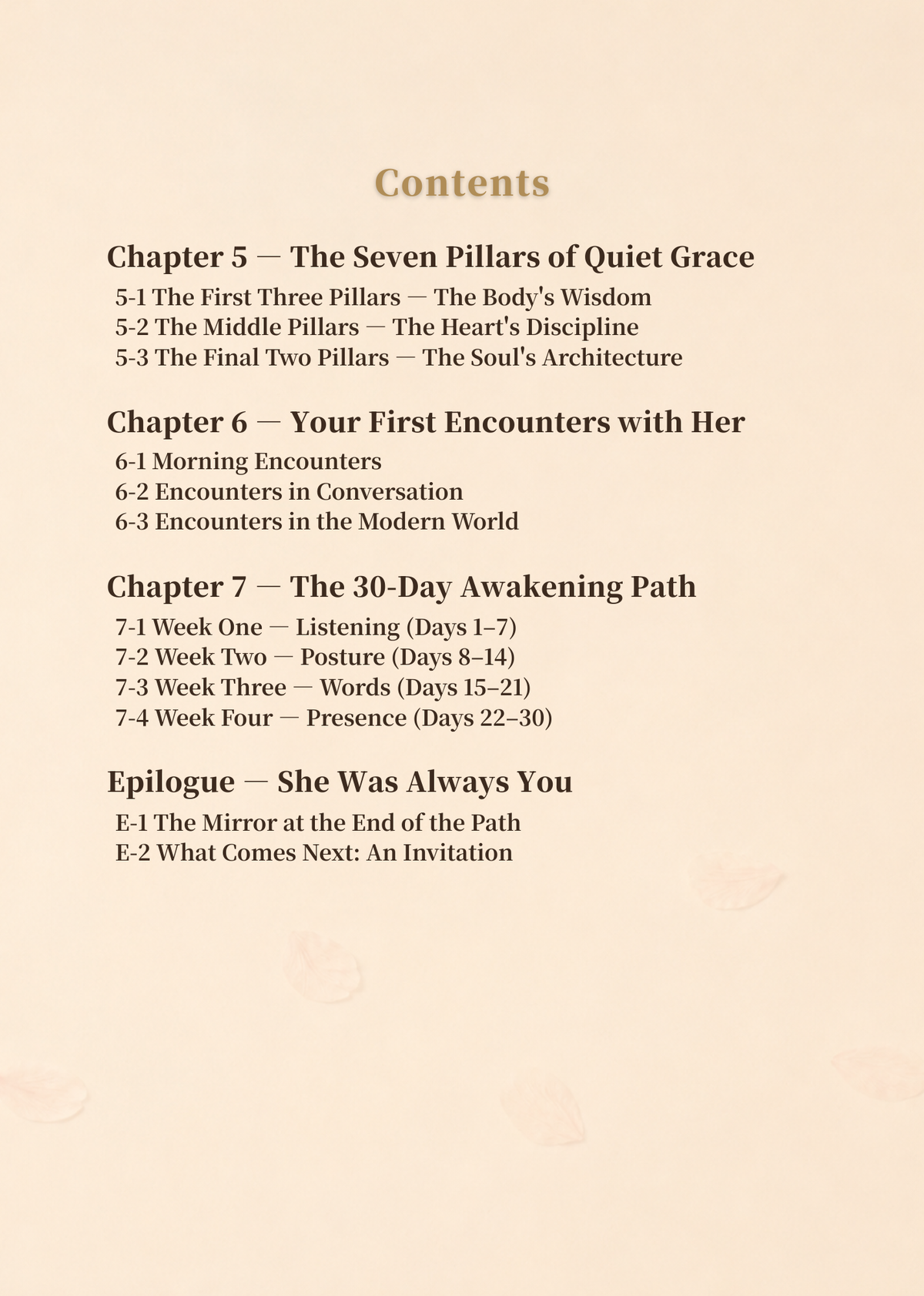 The Awakening contents on the seven pillars of quiet grace and a 30-day awakening path.